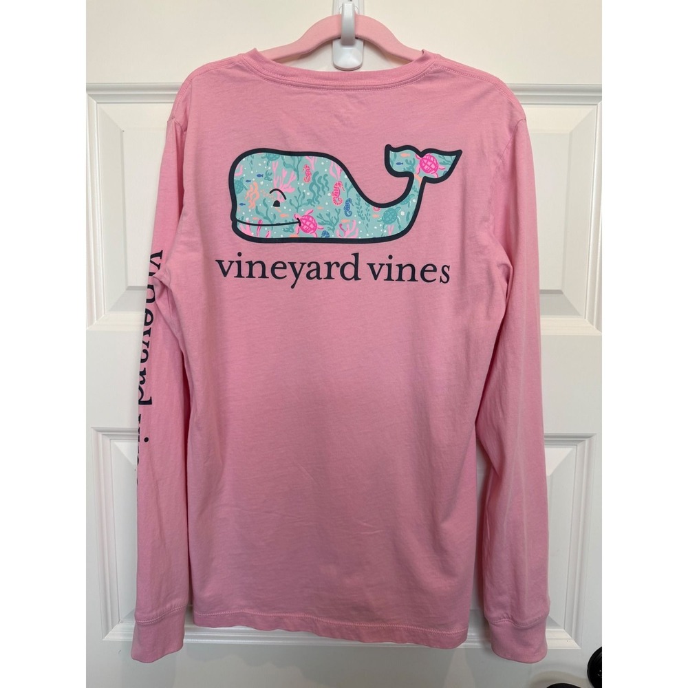 25.Vineyard Vines Kids Pink Long Sleeve Whale Pocket Graphic Tee Shirt M 12-14